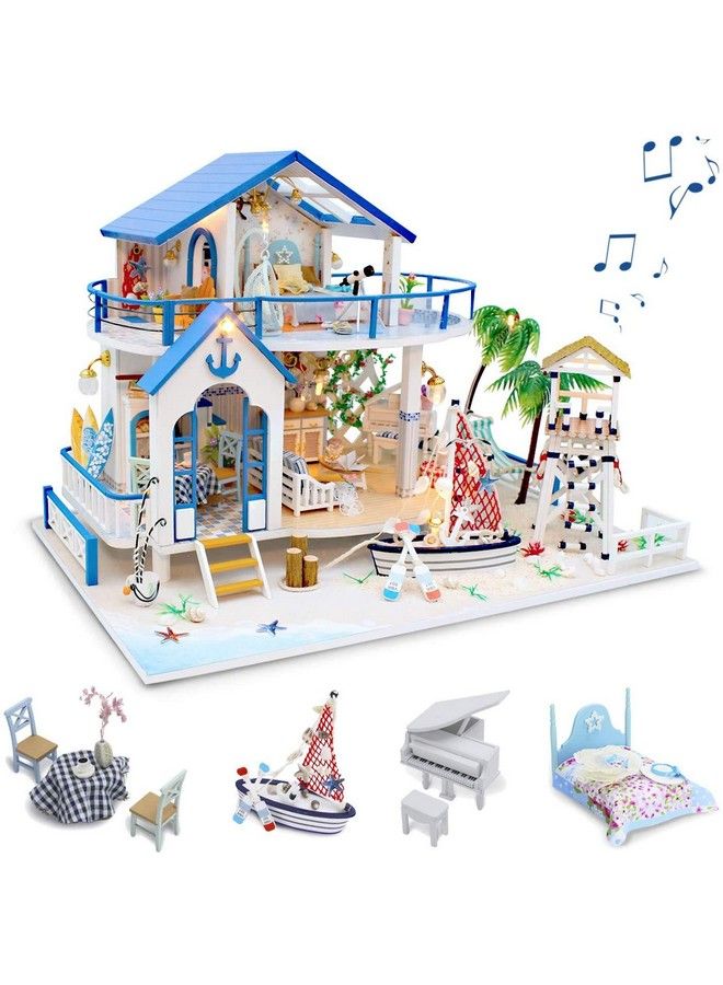 طقم منزل دمى DIY، منزل دمى خشبي مصغر مع أثاث وموسيقى، طقم بناء منزل صغير، أطقم مصغرة DIY، أسطورة البحر الأزرق، هدية لعيد الميلاد وعيد الفصح - Image 1