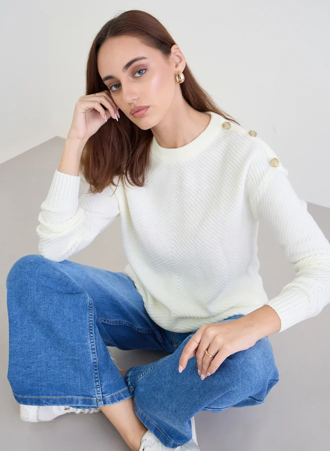 Styli Off White Regular Fit Sweater with Dull Gold Buttons