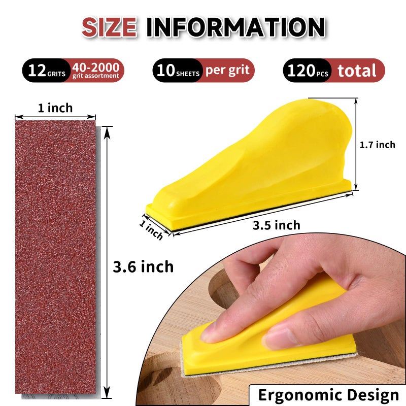 Shineboc 120 PCS Micro Sander Kit, Detail & Mini Hand Sanding Block, 40â€“2000 Grit Aluminum Oxide Sandpaper Assortment for Wood, Crafts, Tight Spaces and DIY Projects - Image 2