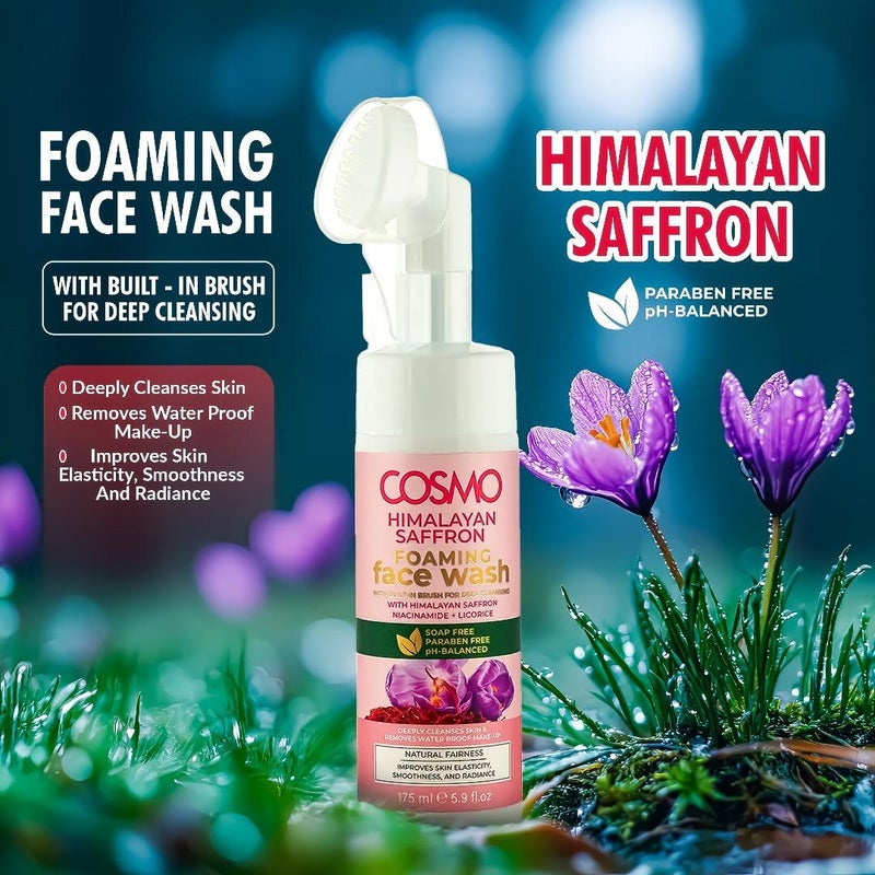 COSMO Himalayan Saffron Foaming Face Wash 175ml, With Built-in Brush for Deep Cleansing, Paraben Free & Ph Balanced, Improves Skin Elasticity, Smoothness, and Radiance, For Daily Use - Image 2