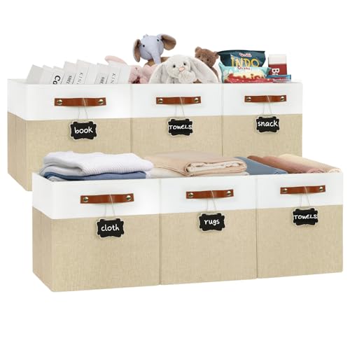 Patvingot 13x13 Storage Cubes 6Pack Large Foldable Fabric Cube Storage Bin with Reinforced Bottom and Labels Organizer Baskets for Shelves ClosetsWhiteKhaki - Image 1
