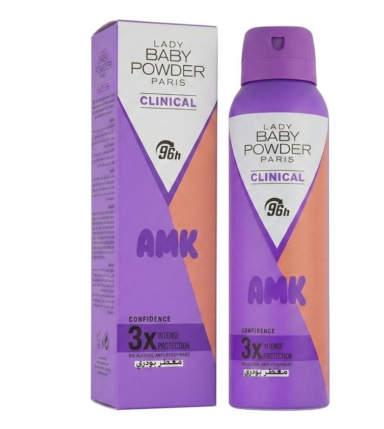 AMK Lady Baby Powder Paris Clinical Anti-Perspirant Spray - 96h Intense Protection Powdery Deodorant (Purple/Mauve Edition)