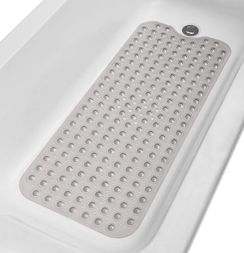 TIKE SMART Extra-Long Non-Slip Bathtub & Shower Mat 39”x16” (Smooth/Non-Textured Tubs Only) Safe, Clean, Machine-Washable, Superior Grip&Drainage, Vinyl, Transparent Gray (Grey) - Image 1