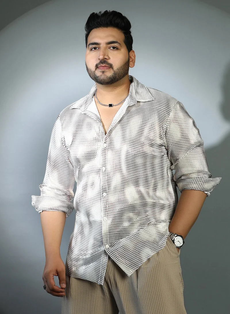 Instafab Plus Instafab Plus Men's Ivory White & Chocolate Brown Prismic-Houndstooth Shirt For Casual Wear | Cuban Collar | Long Sleeves | Button Closure | Plus Size Shirt Crafted With Comfort Fit For Everyday Wear
