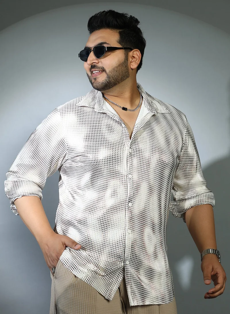 Instafab Plus Instafab Plus Men's Ivory White & Chocolate Brown Prismic-Houndstooth Shirt For Casual Wear | Cuban Collar | Long Sleeves | Button Closure | Plus Size Shirt Crafted With Comfort Fit For Everyday Wear