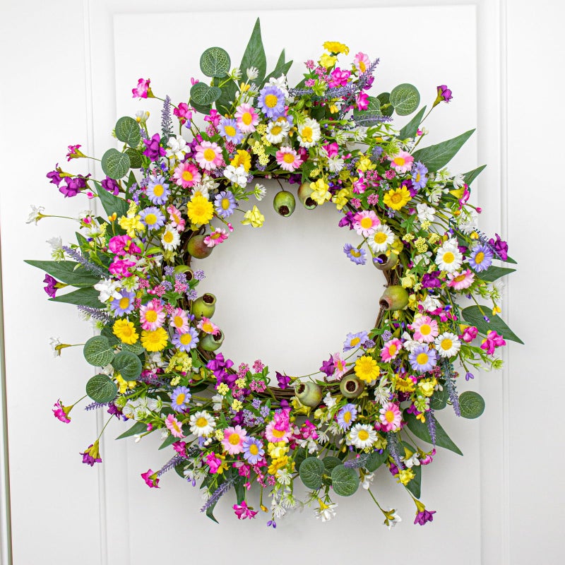 Yawwind 22 Inches Spring Wreaths for Front Door Rustic Spring Floral Wreath Summer Door Wreaths Wildflower Wreath with Lavender Daisy for Indoors Windows Porch Wall Outside - Image 2