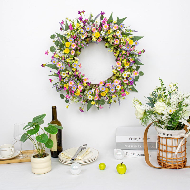 Yawwind 22 Inches Spring Wreaths for Front Door Rustic Spring Floral Wreath Summer Door Wreaths Wildflower Wreath with Lavender Daisy for Indoors Windows Porch Wall Outside - Image 4