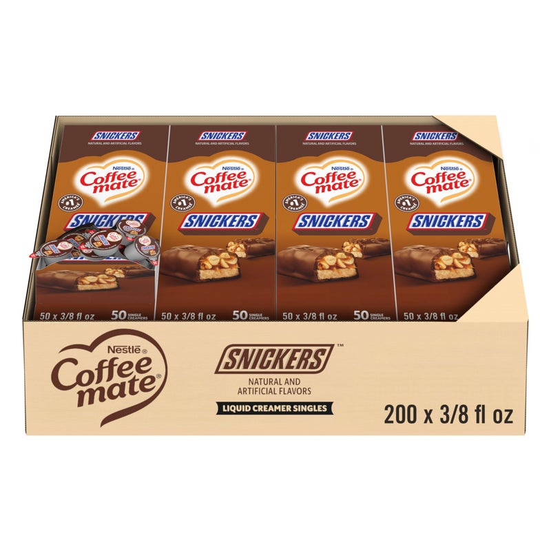 Coffee Mate Nestle Coffee mate Coffee Creamer, Snickers, Liquid Creamer Singles, Non Dairy, No Refrigeration, 0.375 fl oz Tubs (Pack of 200) - Image 1