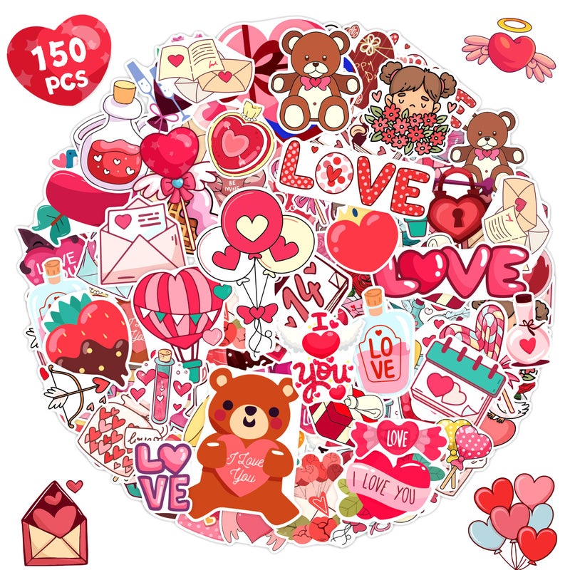 LINAYE 150 PCS Valentines Stickers for Kids Vinyl Waterproof Non-Repeating Adhesive Happy Valentines Day Heart Stickers Bulk for Kids Teens Girls Classroom Crafts & Gifts - Image 1