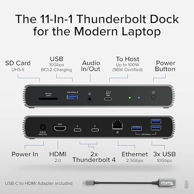 Plugable THUNDERBOLT 4 DOCK WITH 100W CHARGING, THUNDERBOLT CERTIFIED, 3X THUNDERBOLT PORTS, LAPTOP DOCKING STATION DUAL MONITOR SINGLE 8K OR DUAL 4K MONITOR, 2.5G ETHERNET, 1X SD, 4X USB - Image 2