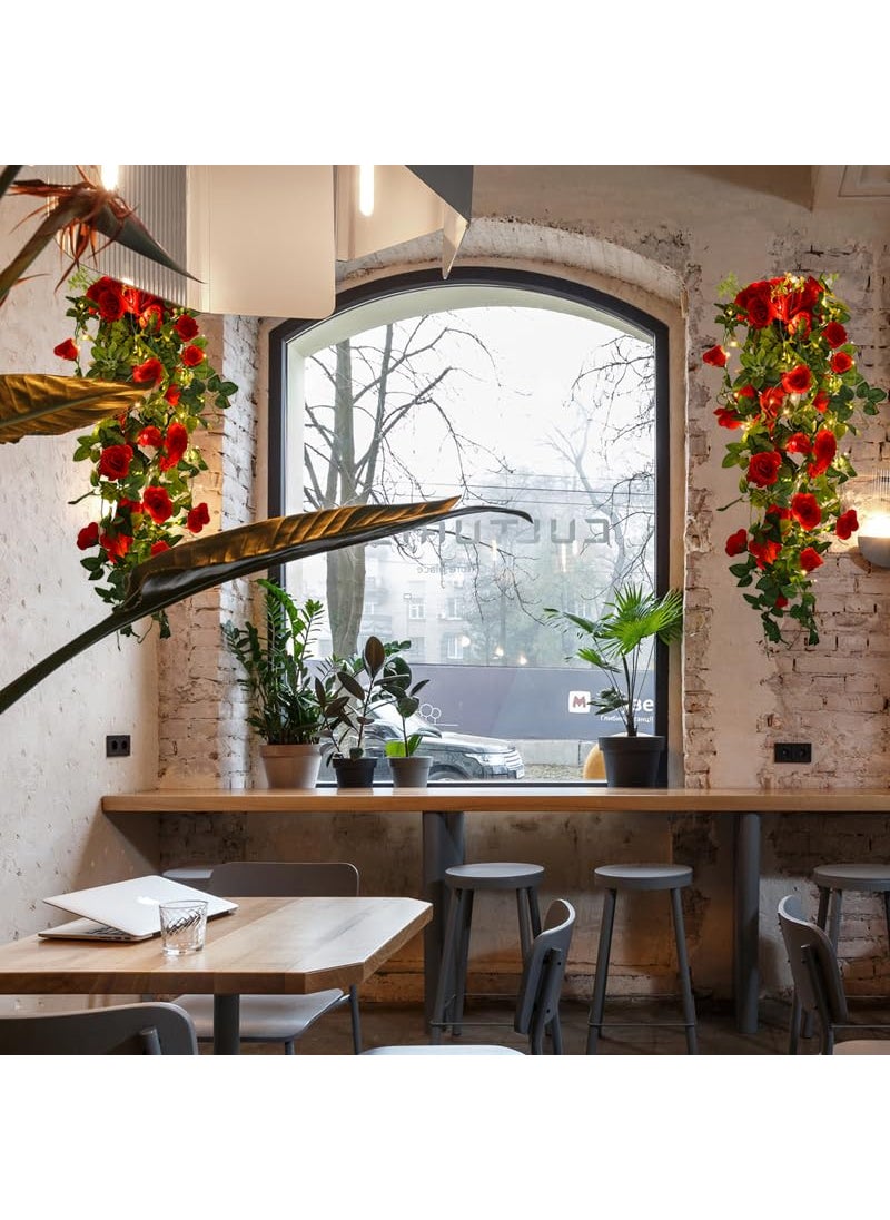 RECUTMS RECUTMS Hanging Flowers Artificial Hanging Rose Flower 2PCS 3.3Ft Artificial Hanging Flowers for Outdoors with 30 LED Fairy String Lightsfor Indoor Wall Wedding (Red)  - Image 4