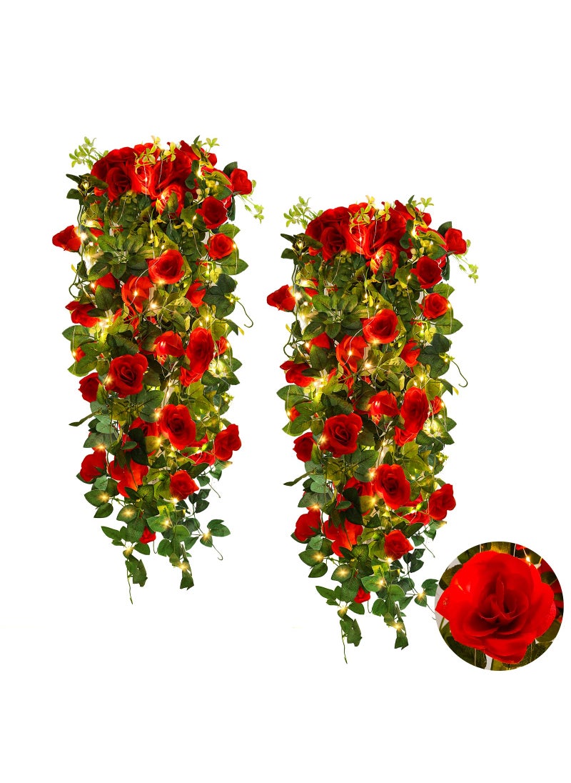 RECUTMS RECUTMS Hanging Flowers Artificial Hanging Rose Flower 2PCS 3.3Ft Artificial Hanging Flowers for Outdoors with 30 LED Fairy String Lightsfor Indoor Wall Wedding (Red)  - Image 1