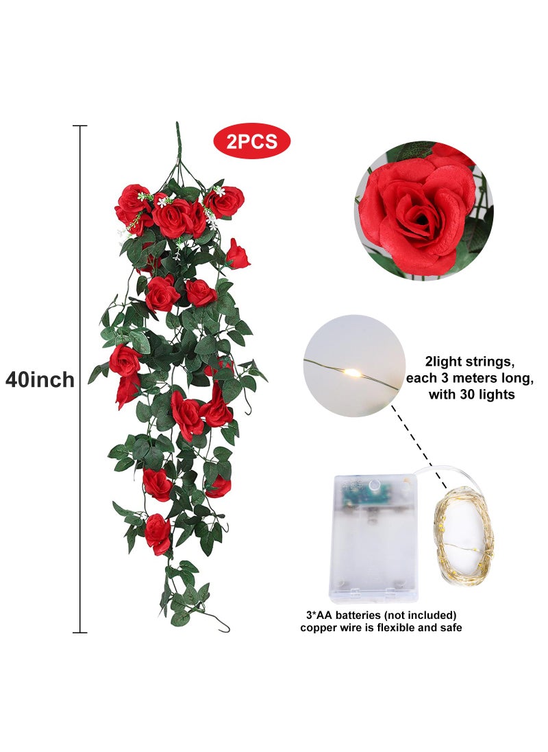 RECUTMS RECUTMS Hanging Flowers Artificial Hanging Rose Flower 2PCS 3.3Ft Artificial Hanging Flowers for Outdoors with 30 LED Fairy String Lightsfor Indoor Wall Wedding (Red)  - Image 2