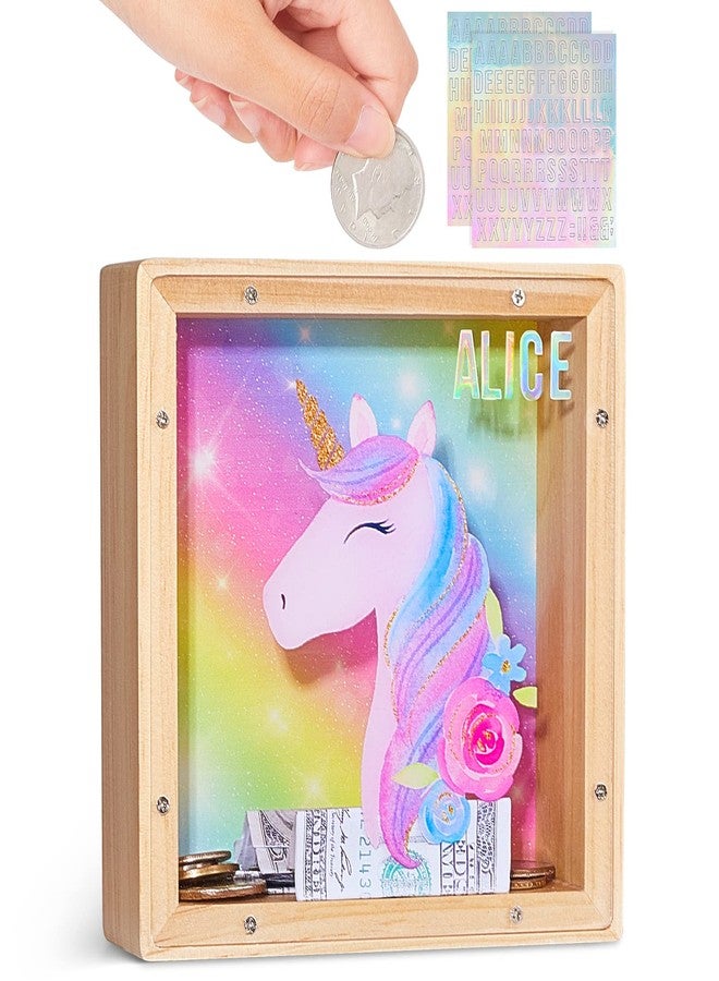 ICOSY Wooden Piggy Bank Girls, DIY Name Coin Bank Unicorn Money Bank for Kids Boys Girls with Letter Stickers - Image 1