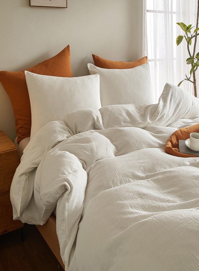 SE SOFTEXLY Muslin Duvet Cover King Size, 100% Washed Cotton Duvet Cover Set, Ultra Soft Comforter Cover Linen Like, 3 Pieces Minimalist Gauze Duvet Cover with 2 Pillowcases, 90"x104", White - Image 4