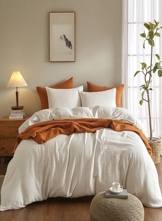 SE SOFTEXLY Muslin Duvet Cover King Size, 100% Washed Cotton Duvet Cover Set, Ultra Soft Comforter Cover Linen Like, 3 Pieces Minimalist Gauze Duvet Cover with 2 Pillowcases, 90"x104", White - Image 2
