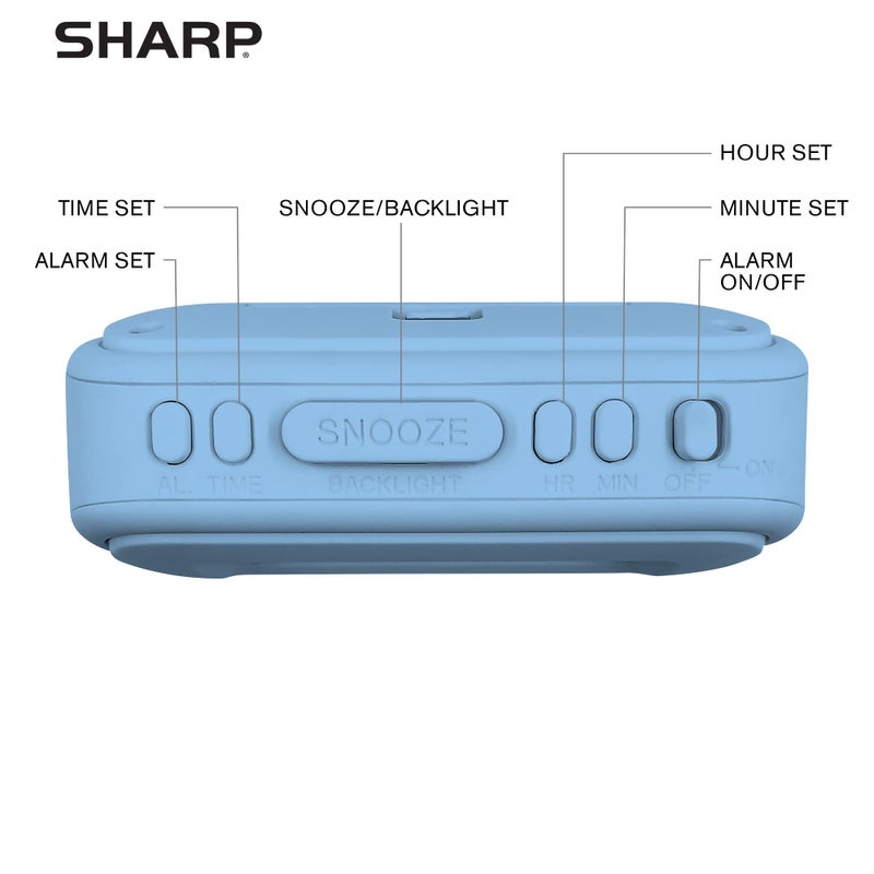Sharp Digital Alarm Clock â€“ Tactile Case with Soft Rubberized Finish - Battery Operated â€“ Blue Backlight on Demand â€“ Ascending Alarm â€“ Easy to Use â€“ Light Blue - Image 4
