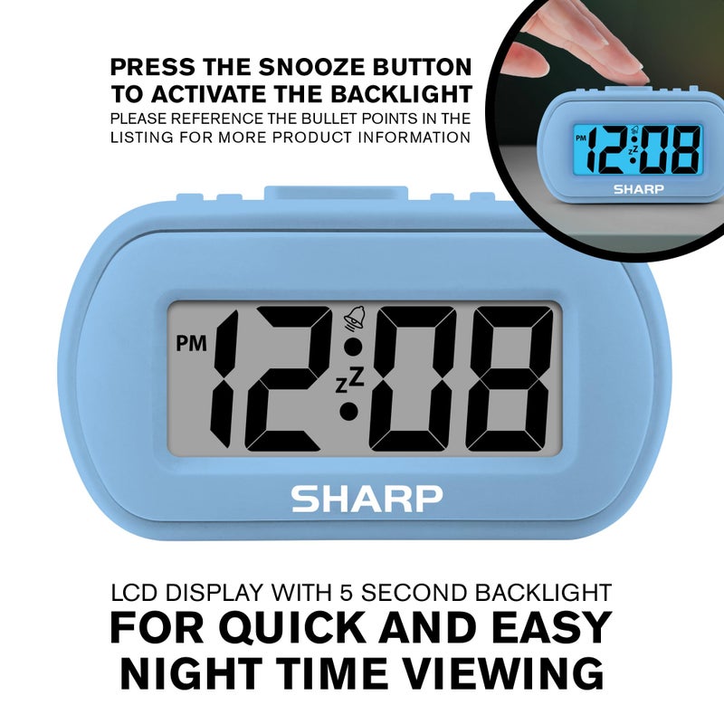 Sharp Digital Alarm Clock â€“ Tactile Case with Soft Rubberized Finish - Battery Operated â€“ Blue Backlight on Demand â€“ Ascending Alarm â€“ Easy to Use â€“ Light Blue - Image 5