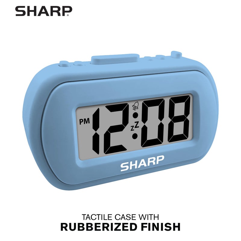 Sharp Digital Alarm Clock â€“ Tactile Case with Soft Rubberized Finish - Battery Operated â€“ Blue Backlight on Demand â€“ Ascending Alarm â€“ Easy to Use â€“ Light Blue - Image 2