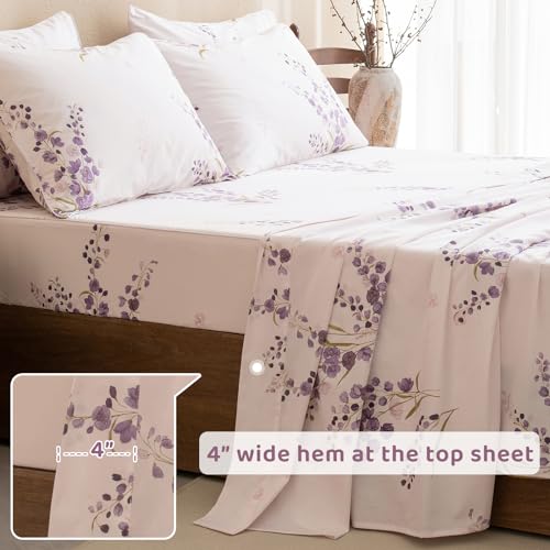 QSH Lavender Floral Bed Sheets Queen Size - 100% Egyptian Cotton Sheets Purple Flower Printed Bedding Sheets Queen Size Bed 4pcs Deep Pockets Bed Sheets - Image 5