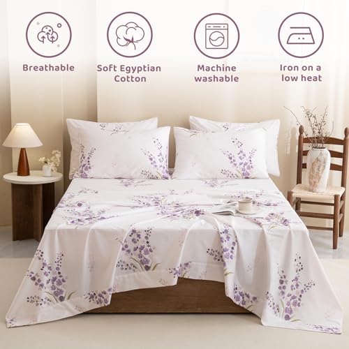 QSH Lavender Floral Bed Sheets Queen Size - 100% Egyptian Cotton Sheets Purple Flower Printed Bedding Sheets Queen Size Bed 4pcs Deep Pockets Bed Sheets - Image 2