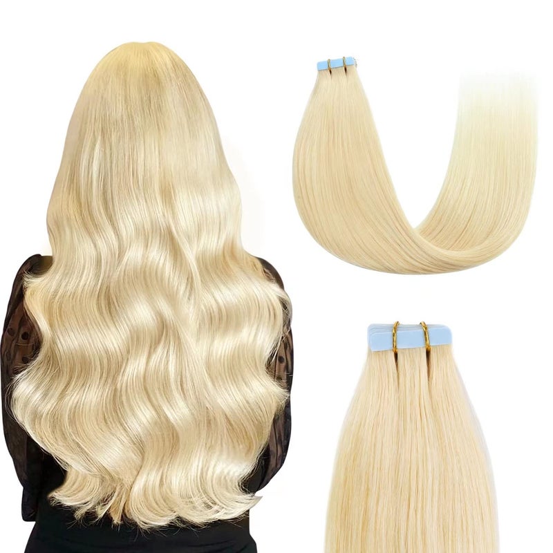 Sunya Tape in Hair Extensions 18 inches Silky Straight Remy Human Hair Seamless Skin Weft Tape in Real Human Hair Extensions 18 inches 613 Bleach Blonde 50 Gram 20PcsPack Thick Hair
