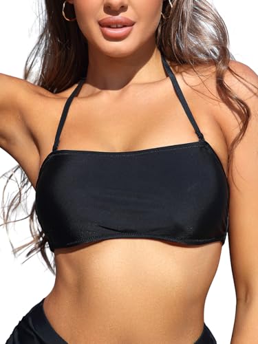 SHEKINI Womens Bandeau Bathing Suits Removable Strap Halter Bandage Bikini Tops Swimsuit (Top Only - Black, Medium) - Image 1