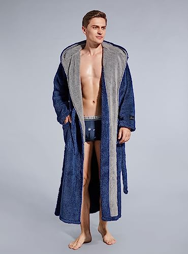SlumberMee Mens Fleece Plush Robe with Hood Ultra Soft Fluffy Full Length Long with Pockets Luxurious House Coat (Navy Blue, L) - Image 5