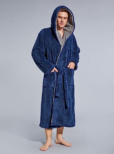SlumberMee Mens Fleece Plush Robe with Hood Ultra Soft Fluffy Full Length Long with Pockets Luxurious House Coat (Navy Blue, L) - Image 4