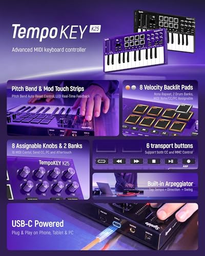 Synido 25 Key USB MIDI Keyboard Controller with Drum Pads, Professional Mini Midi Keyboard with OLED Screen, Beat Maker Machine for Music Production, Purple, TempoKEY K25 - Image 2