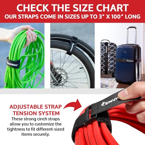 ENVISIONED Reusable Cinch Straps 1" x 20" (Usable Length is 16.5") - 12 Pack, Multipurpose Quality Hook and Loop Securing Straps (Black) - Plus 2 Free Bonus Reusable Cable Ties - Image 3