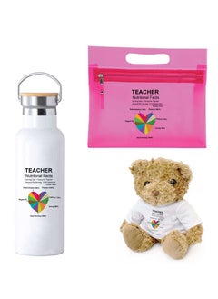 PRINTSHOP4ME Teacher's Day Pack of 3 Combo Pack - Stainless Steel Bamboo Cap Flask Bottle 600ml, Pink Cosmetic Bag and Teddy Bear - Teacher's Day Gift Set - Gift for World Teachers Day  - Image 1