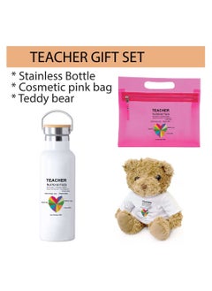 PRINTSHOP4ME Teacher's Day Pack of 3 Combo Pack - Stainless Steel Bamboo Cap Flask Bottle 600ml, Pink Cosmetic Bag and Teddy Bear - Teacher's Day Gift Set - Gift for World Teachers Day  - Image 2