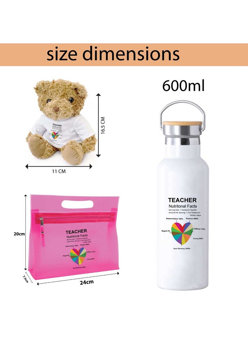 PRINTSHOP4ME - Teacher's Day Pack of 3 Combo Pack - Stainless Steel Bamboo Cap Flask Bottle 600ml, Pink Cosmetic Bag and Teddy Bear - Teacher's Day Gift Set - Gift for World Teachers Day - Image 1