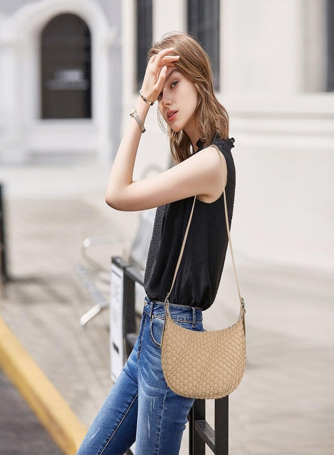 Queenoris Woven Crescent Sling Bags, Vegan Leather Small Shoulder Bag Crossbody Bag Trendy Hobo Purses with Adjustable Strap, Apricot, Refined and Elegant - Image 2