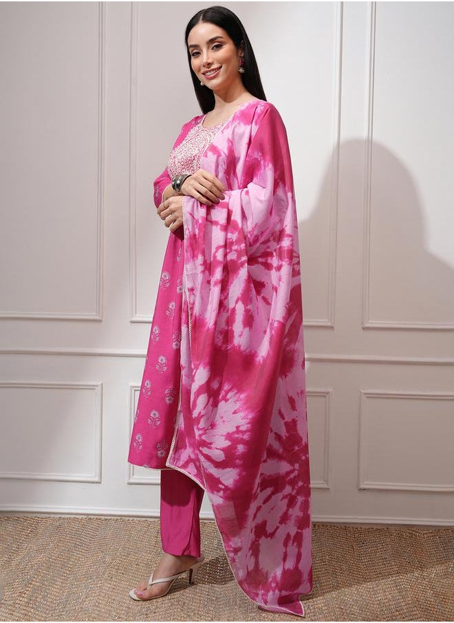 Vishudh Pink Embroidered Kurta Set with Dupatta by Styli  - Image 4