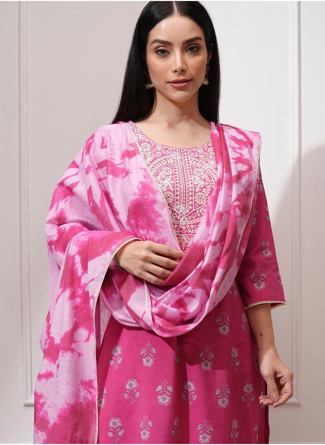 Vishudh Pink Embroidered Kurta Set with Dupatta by Styli  - Image 1