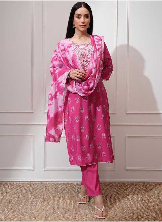 Vishudh Pink Embroidered Kurta Set with Dupatta by Styli  - Image 2
