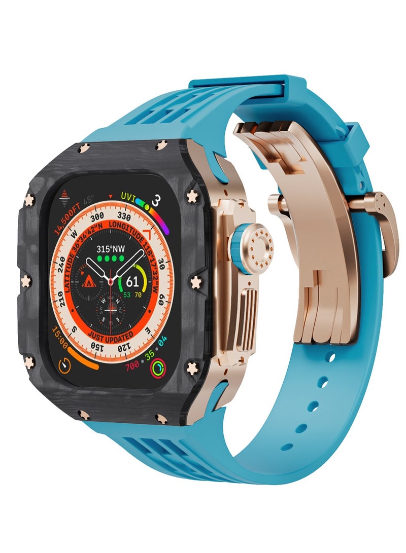 AROAQ Carbon Fiber Case For Apple Watch, 49mm Fluororubber Band Metal Bazel For Iwatch, Ultra Titanium Alloy Integrated Protective Case, (Carbon shell-rose titanium frame-blue tape) - Image 1