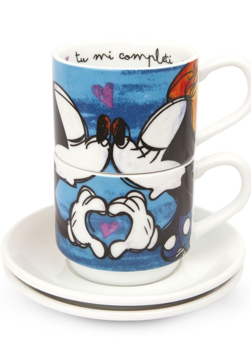 Set 2 Stackable Espresso Cups Mickey Mouse Blue With Saucers