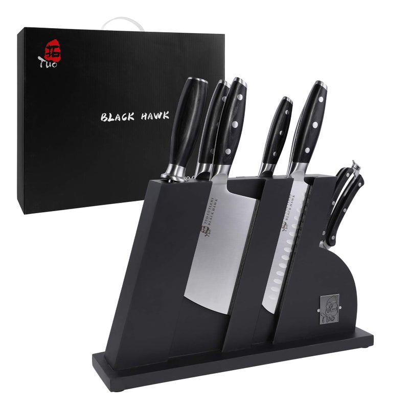 TUO Kitchen Knife Set  8 Pcs Knife Set with Wooden Block Honing Steel Shears Included  German HC Stainless Steel Knife Block Set  Ergonomic Pakkawood Handle  BLACK HAWK SERIES with Gift Box