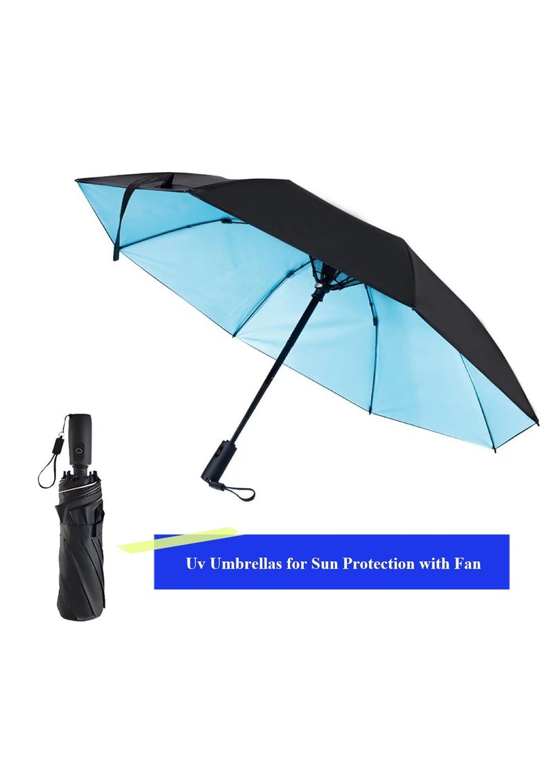 Generic Uv Umbrellas for Sun Protection with Fan, Cooling Umbrella with Fan,Portable and Rechargeable, Travel Pocket Summer Umbrella for Sun or Rain, Umbrella with fan Blue  - Image 1