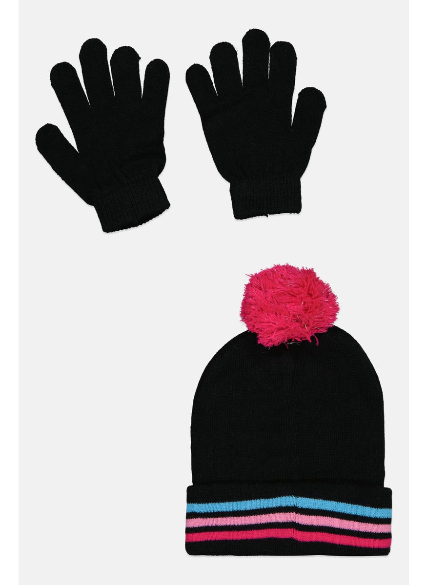 Trolls Kids Girl Embroidered Pom Pom Bennie And 1 Pair Of Gloves, Black/Pink  - Image 2