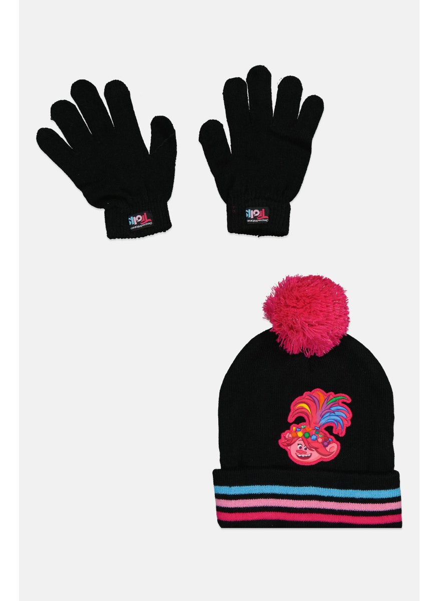 Trolls Kids Girl Embroidered Pom Pom Bennie And 1 Pair Of Gloves, Black/Pink  - Image 1