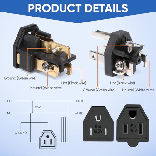 XINYIELE Extension Cord Repair Replacement Ends,Male and Female Electrical Plug Ends，Male Plug End Eeplacement 3 Prong,125V 15A 2Pole 3Wire Connector Straight Blade Plug (Male&Female,1 Set) - Image 4