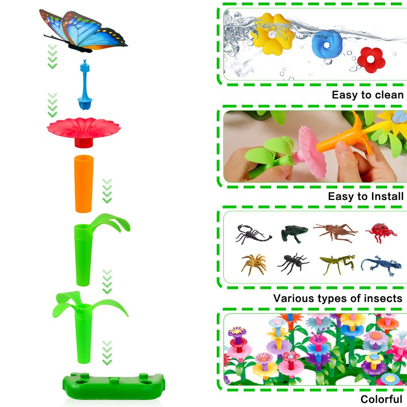 Leetous Toys Gifts for 2 3 4 5 6 Years Old Toddler Girls Boys, 156 PCS Insect Flower Garden Building Educational STEM Learning Pretend Play Gardening Set, Christmas Birthday Gifts for Preschool Kids Age 2+ - Image 5