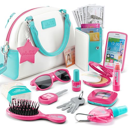 Star Princess Little Girls Play Purse Pretend Play Accessories Toy Phone Wallet Credit Cards Keys Makeup for Role Playing Ages 38 - Image 1