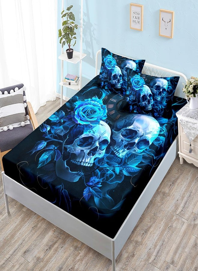 HOSIMA Death Skull Heads Boys Queen Size Bedding Set,Horror Theme Halloween Bedding for Teenage Girl Room Decor,Clock Floral Fitted Sheet Gothic Bedding Set,1 Fitted Sheet+2 Pillowcases. - Image 1