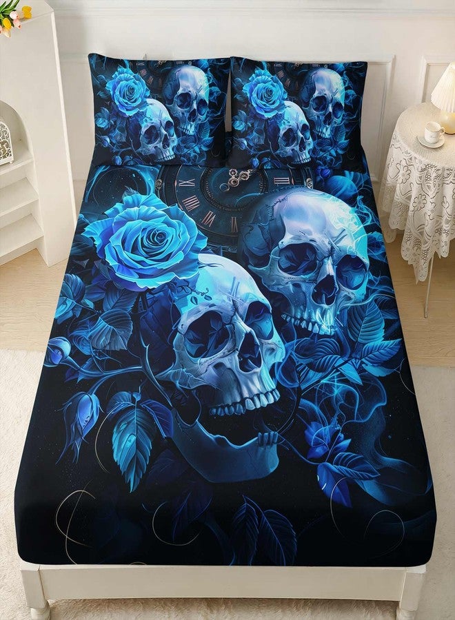 HOSIMA Death Skull Heads Boys Queen Size Bedding Set,Horror Theme Halloween Bedding for Teenage Girl Room Decor,Clock Floral Fitted Sheet Gothic Bedding Set,1 Fitted Sheet+2 Pillowcases. - Image 2