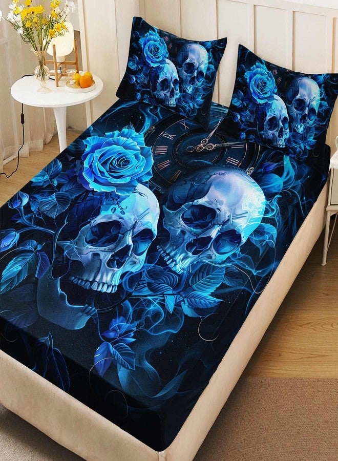 HOSIMA Death Skull Heads Boys Queen Size Bedding Set,Horror Theme Halloween Bedding for Teenage Girl Room Decor,Clock Floral Fitted Sheet Gothic Bedding Set,1 Fitted Sheet+2 Pillowcases. - Image 4